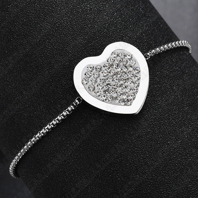 Fashion Clay Diamond Love Heart Bracelet Ladies Titanium Steel Peach Heart Square Pearl Adjustable Bracelet