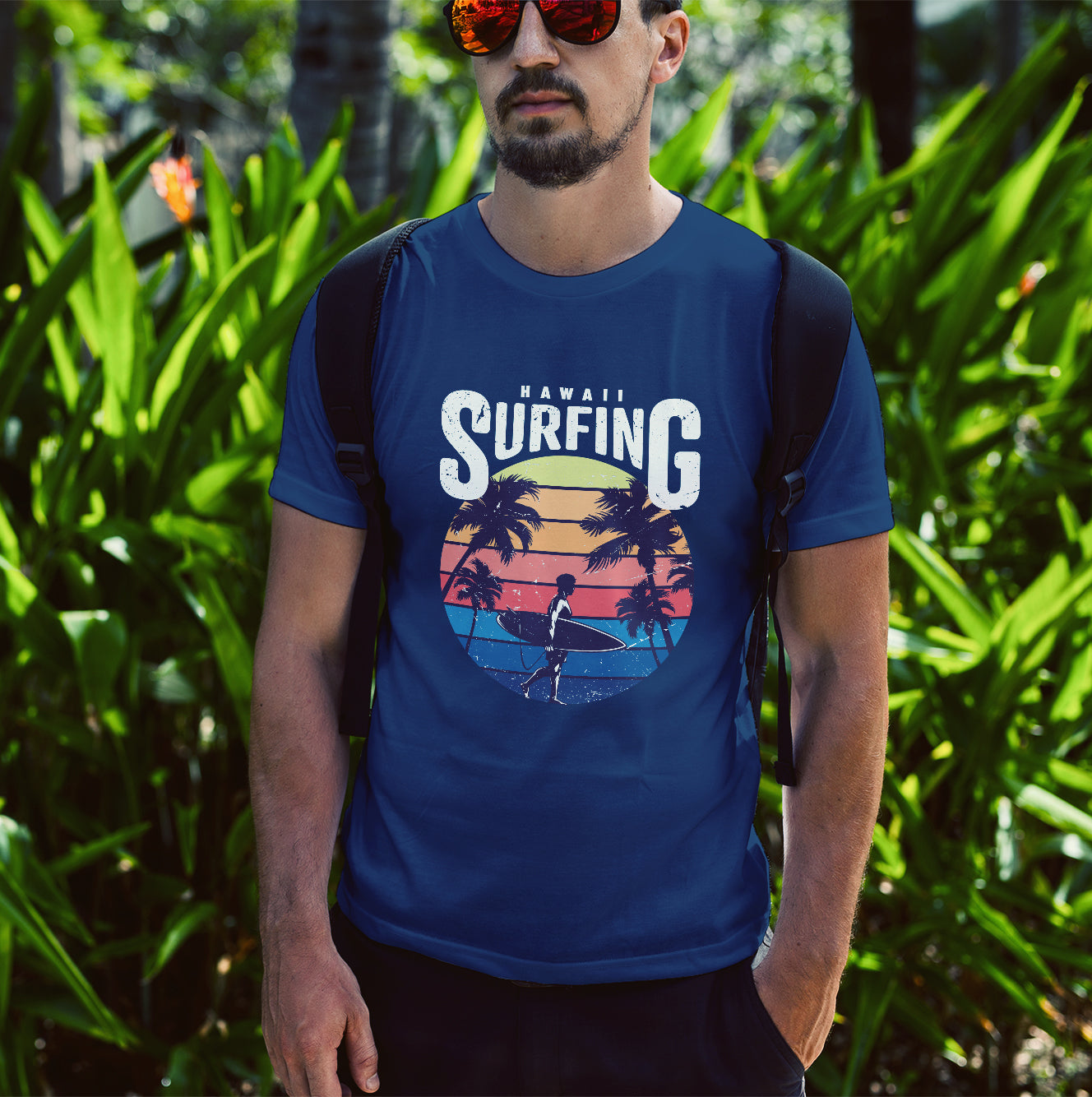 تيشيرت رجالي Hawaii Surfing - قطن 100% - لعشاق الشاطئ و الركمجة وركوب الامواج ازرق غامق