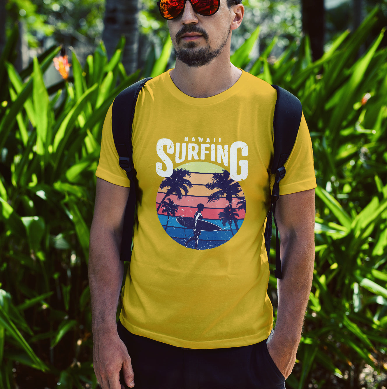 تيشيرت رجالي Hawaii Surfing - قطن 100% - لعشاق الشاطئ و الركمجة وركوب الامواج اصفر